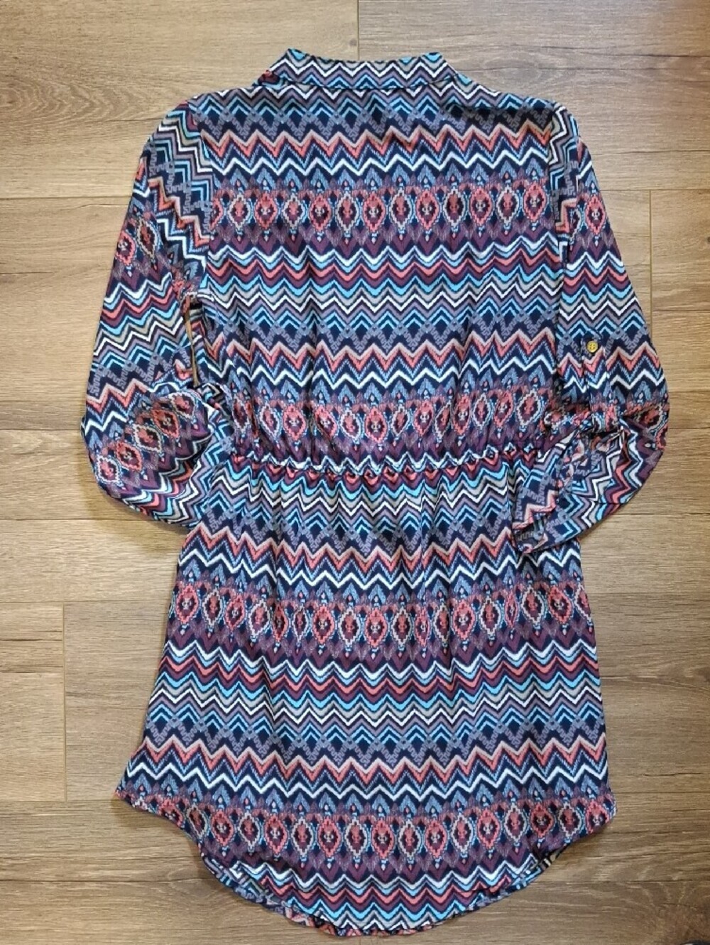 Justify Chevron Aztec Print Drawstring Shirt Dress - Navy, Coral, White - Picture 4 of 4